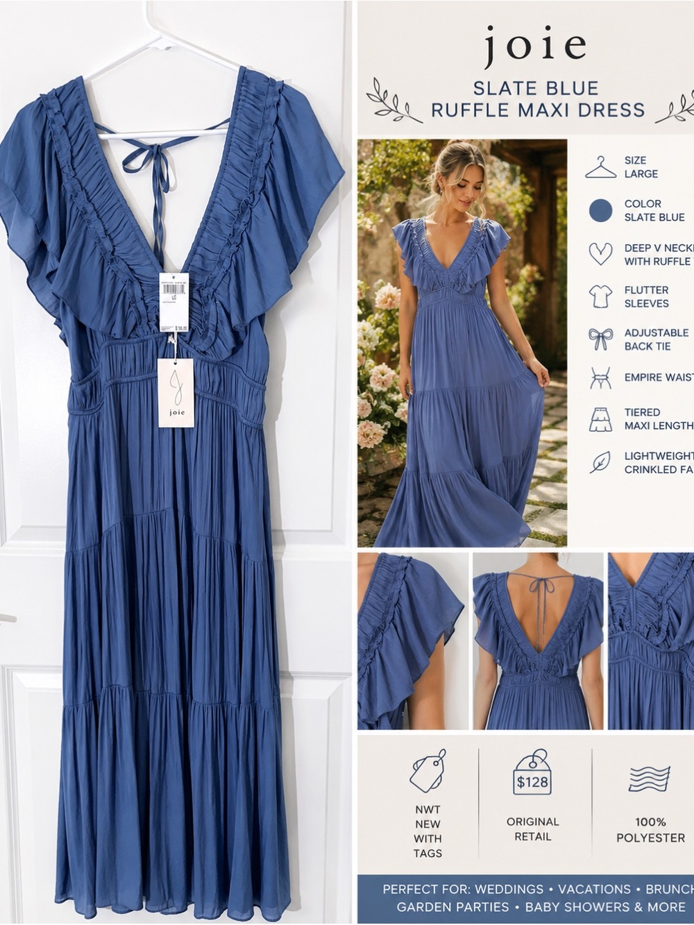 Joie Slate Blue Ruffle Tiered Maxi/Midi Dress BRAND NEW! Original price $128